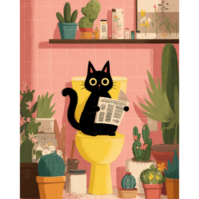 De zwarte kat op het toilet