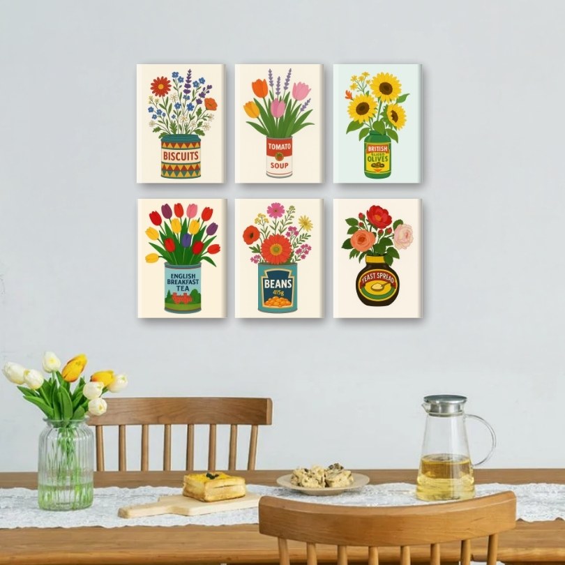 6 Mini Paintings - Flowers in Cans Set
